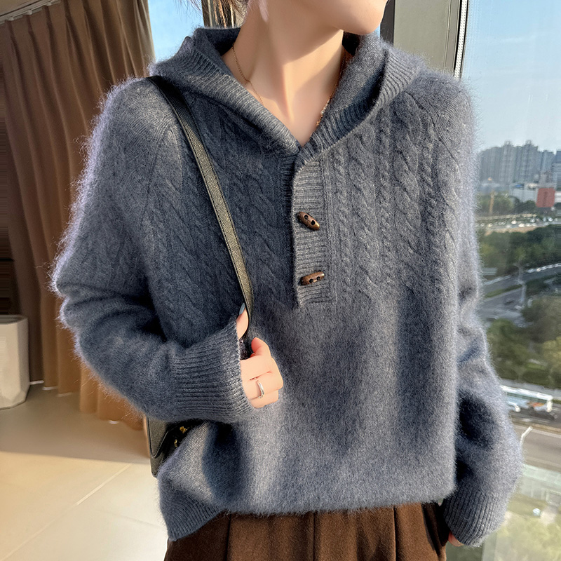 Wool Coat Peacoat - เสื้อฮู้ดไหมมิงค์แคชเมียร์แท้ 100% ถักนิตติ้งสำหรับผู้หญิง คอฮู้ดทรงหลวม สไตล์แฟชั่น แขนยาว