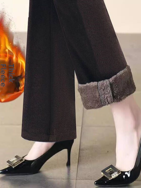 Corduroy Pant Warm - กางเกงขายาวทรงขากว้างผ้าลูกฟูกเอวสูงบุผ้าฟลีซหนาสำหรับผู้หญิง อบอุ่น ใส่สบาย สำหรับฤดูใบไม้ร่วงและฤดูหนาว สไตล์ใหม่ กางเกงทรงตรงลำลอง